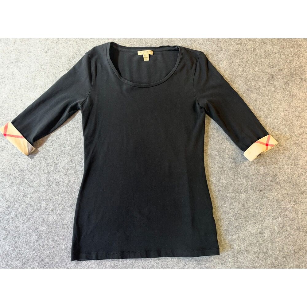 Burberry Brit Scoop Neck 3/4 Sleeve Nova Check Tee Black XS Old Money Preppy